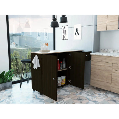 Kitchen Island Cart Victoria, Four Interior Shelves, Six Carters, One Drawer, Double Door Cabinet Black