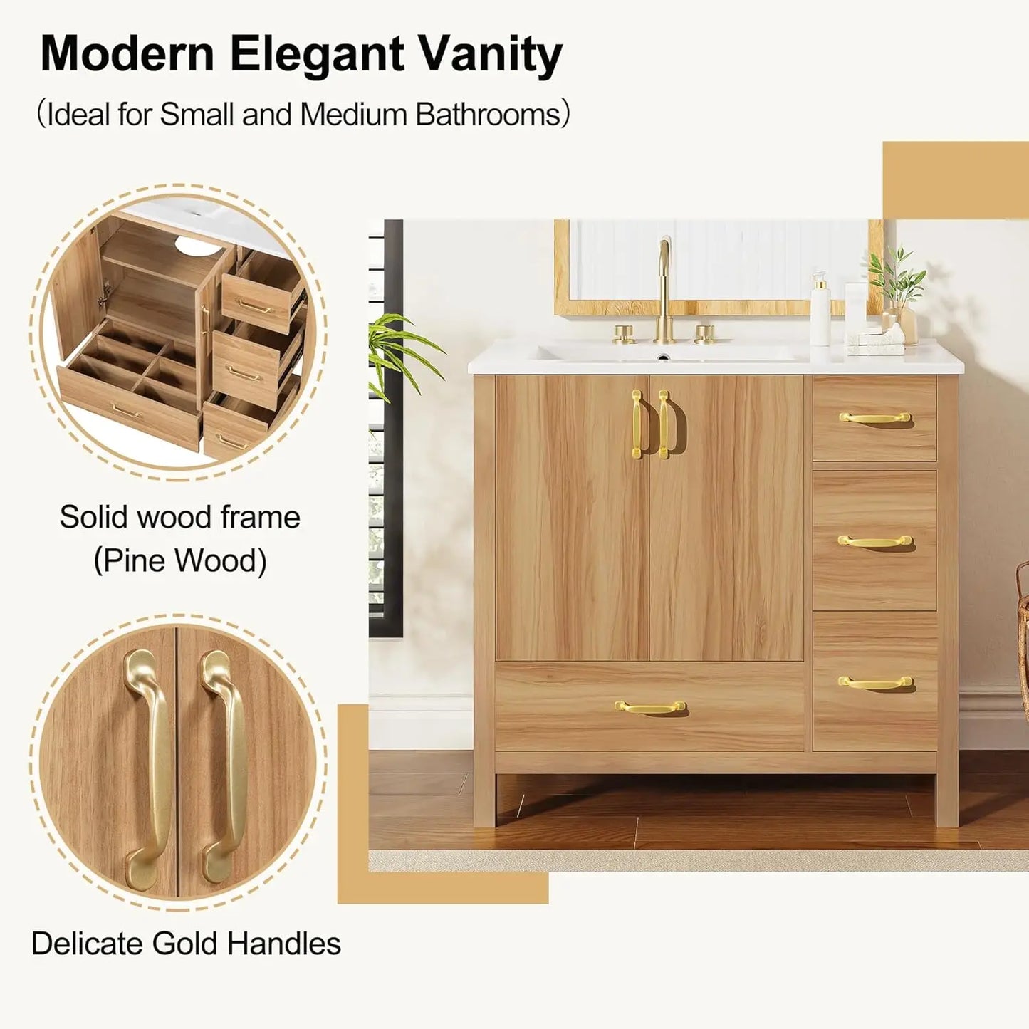 36 inch Bathroom Vanity with Sink, Wood  Storage Cabinet with 3 Drawer, 1 Bottom Divider Drawer