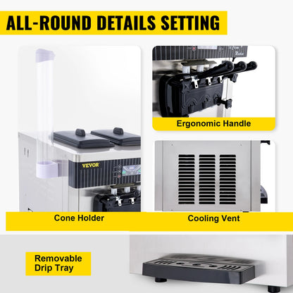 Sihao 2200W Ice Cream Machine 5.3-7.4Gal/H Soft Serve with LED Display Auto Clean 3 Flavors