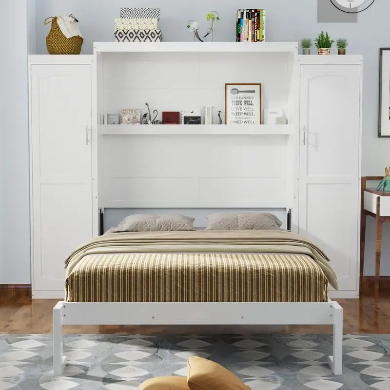 Queen Size Murphy Bed with 2 Wardrobes and Storage Shelf, Multifunctional Foldable Bed Frame for Guest Room and Bedroom, White