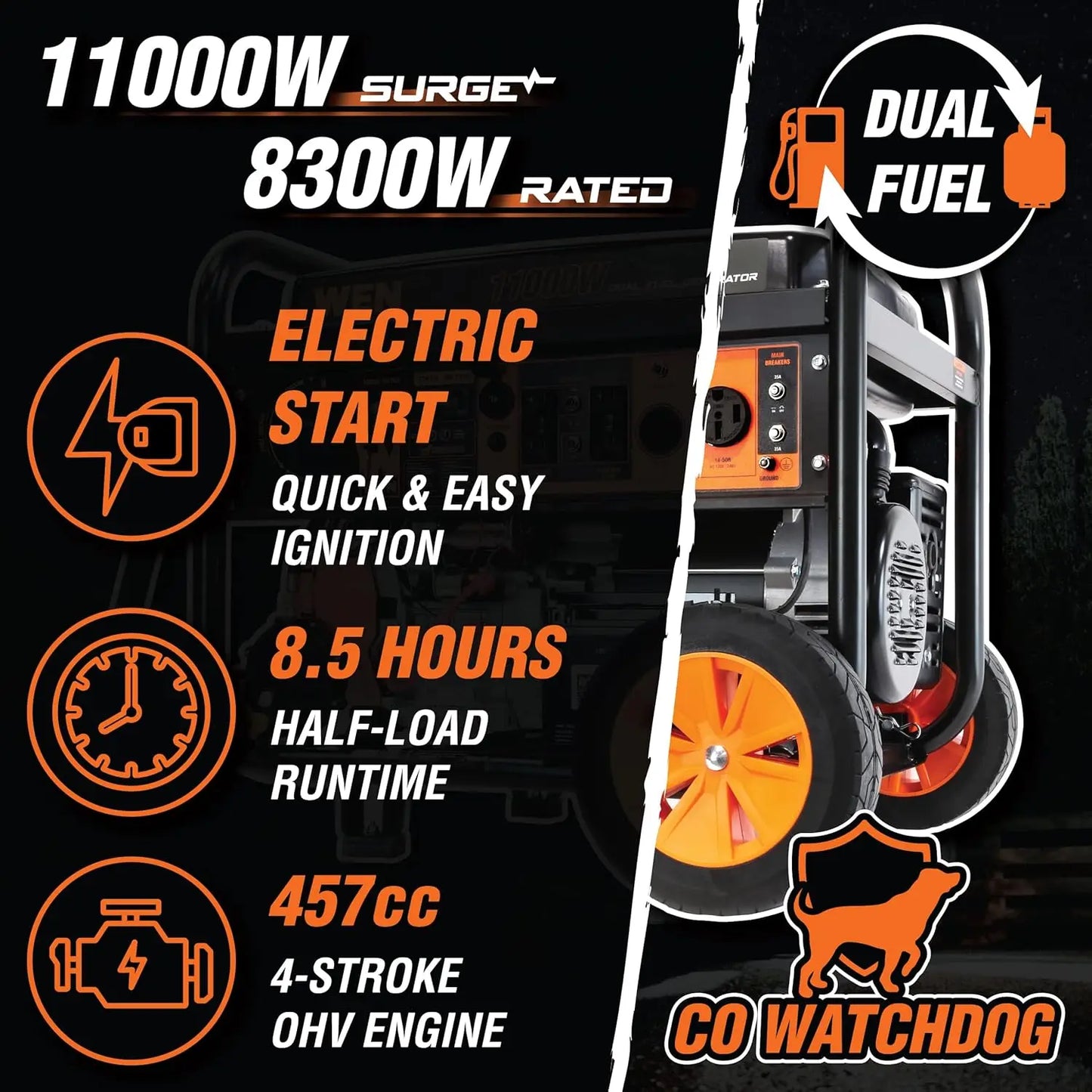 DF1100X 11000-Watt Dual Fuel; Electric Start Portable Generator with Wheel Kit and CO Shutdown Sensor