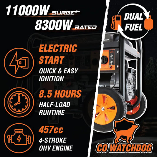 DF1100X 11000-Watt Dual Fuel; Electric Start Portable Generator with Wheel Kit and CO Shutdown Sensor
