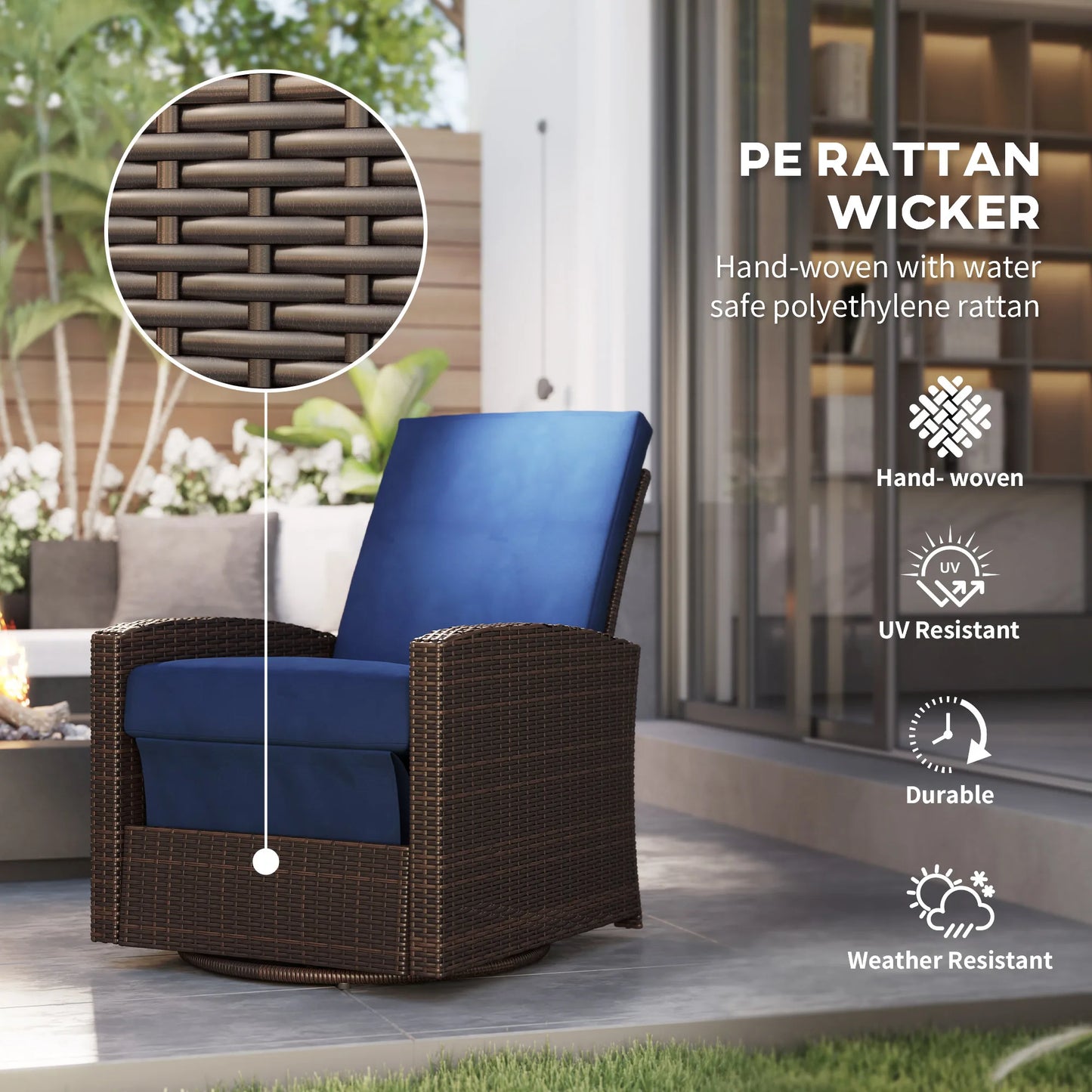 Reclining Rattan 360 °   Swivel Chair, Outdoor Patio Cushioned Recliner Dark Blue