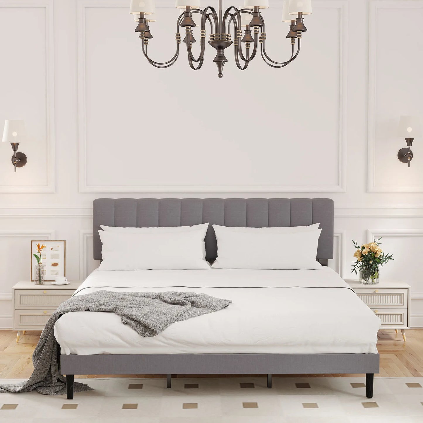 Wooden Solid Bed Frame with Fabric Upholstered 800LBS Sturdy Slats Support