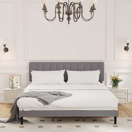 Wooden Solid Bed Frame with Fabric Upholstered 800LBS Sturdy Slats Support