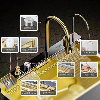 Multifunctional Kitchen Waterfall Sink Digital Display; 304 Stainless Steel