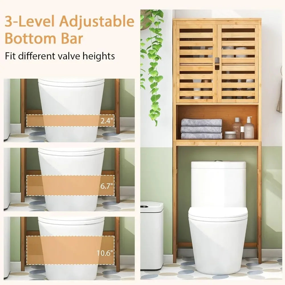 Freestanding tall bamboo bathroom shelf with two doors and open storage above toilet