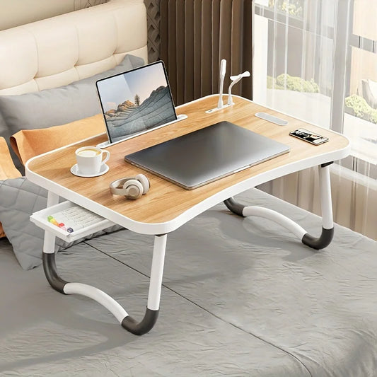 Portable Laptop Desk with USB Light, Small Fan, Cup Holder, Tablet Slot, and Lifting Handle