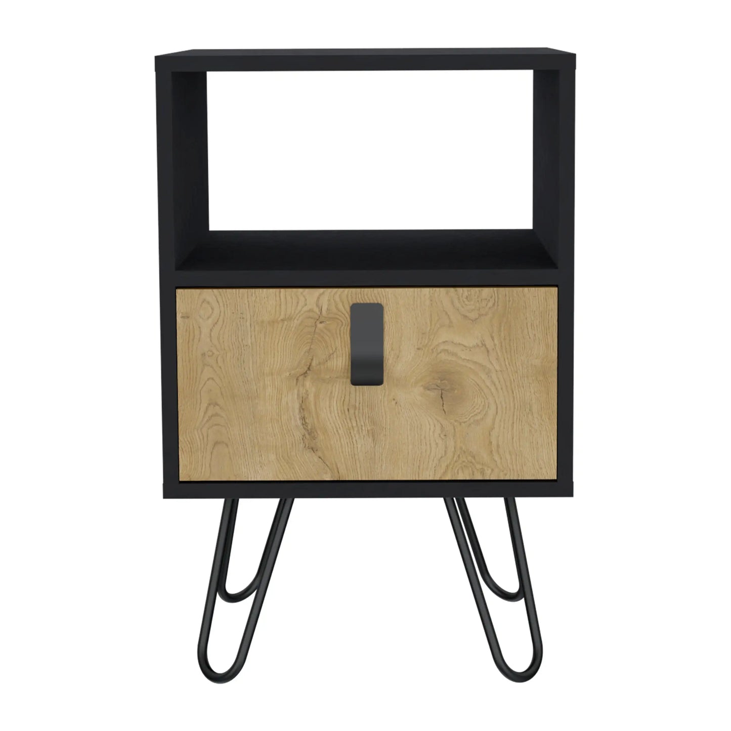 Huna Nightstand, Stylish Storage with Hairpin Leg, Open Shelf and Drawer Black / Macadamia
