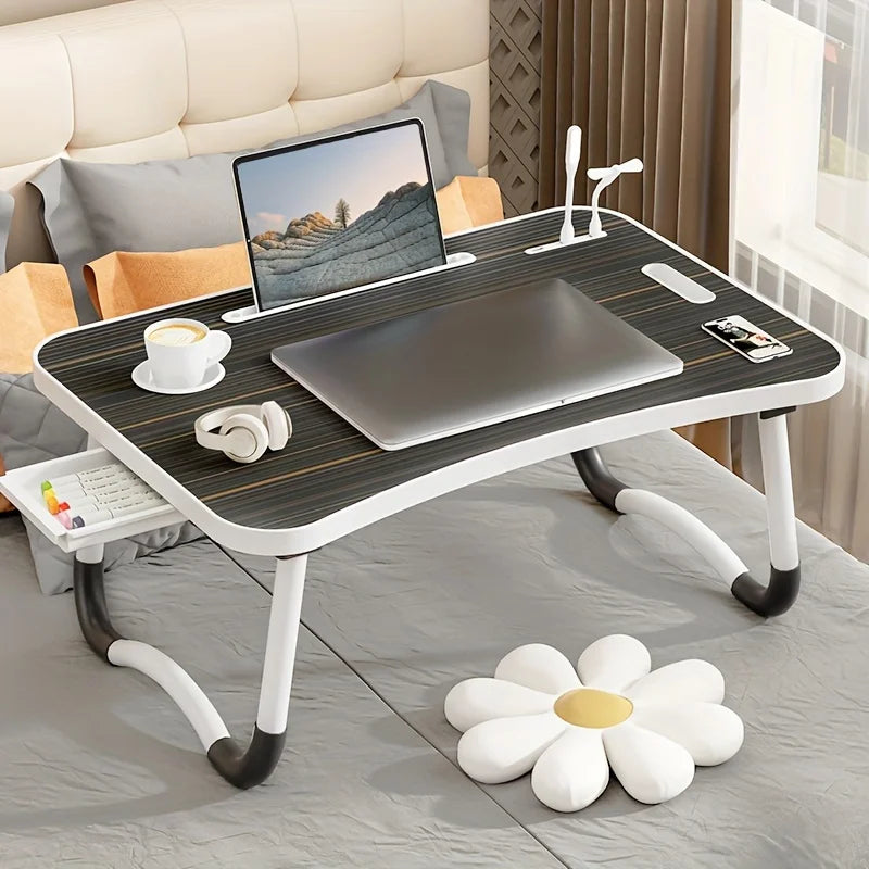Portable Laptop Desk with USB Light, Small Fan, Cup Holder, Tablet Slot, and Lifting Handle