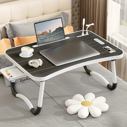 Portable Laptop Desk with USB Light, Small Fan, Cup Holder, Tablet Slot, and Lifting Handle