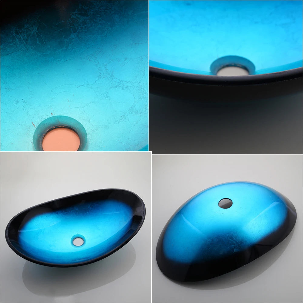 Tempered Glass Washbasin with Black Waterfall Faucet Bathroom Countertop Basin Sinks