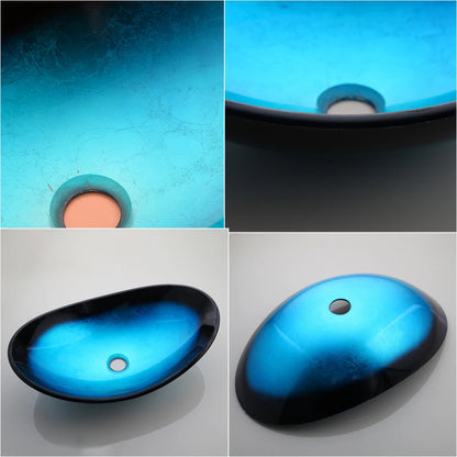 Tempered Glass Washbasin with Black Waterfall Faucet Bathroom Countertop Basin Sinks