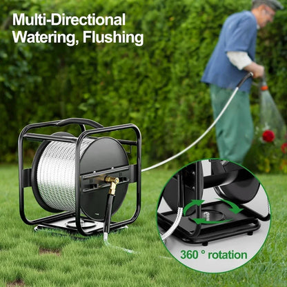 Heavy Duty Metal Garden Hose Reel With 100 Ft 304 Stainless Steel & Aluminum Nozzle, Wall Mount/Floor Water Pipe Spool