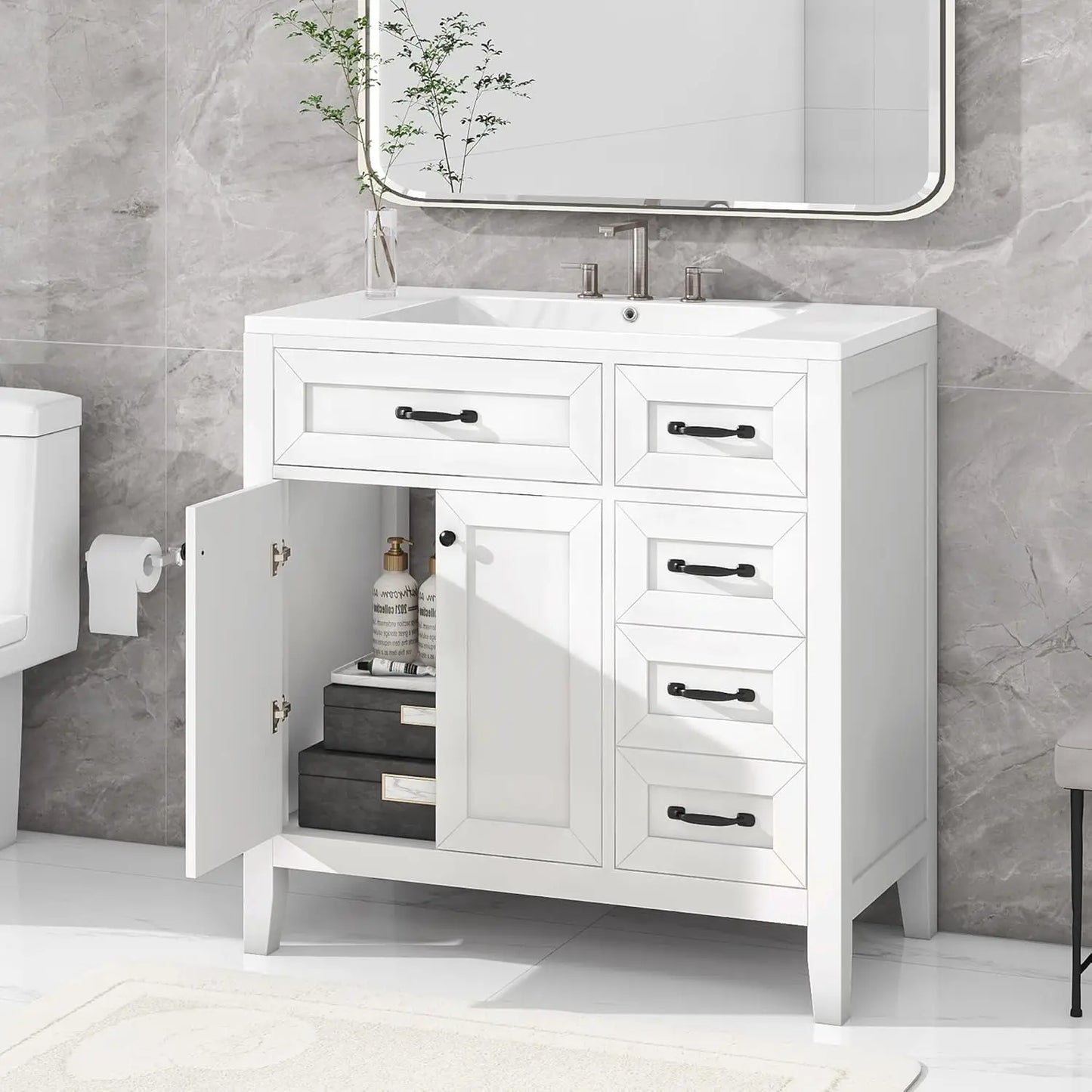 36 inch Bathroom Vanity with Sink, Wood  Storage Cabinet with 3 Drawer, 1 Bottom Divider Drawer