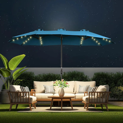 Double Sided Patio Umbrella - 13ft Solar Lights LED Lighted with Base Included