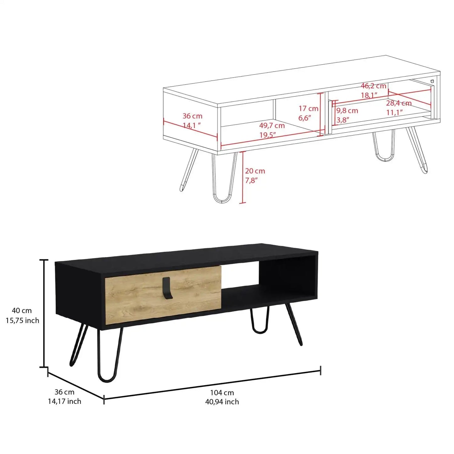 Huna Coffee Table with Hairpin Legs and Ample Storage Drawer Black / Macadamia