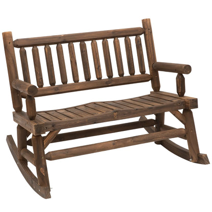 2-Person Patio Rocking Chair Wooden Log Loveseat Rocker Backyard Garden Walnut