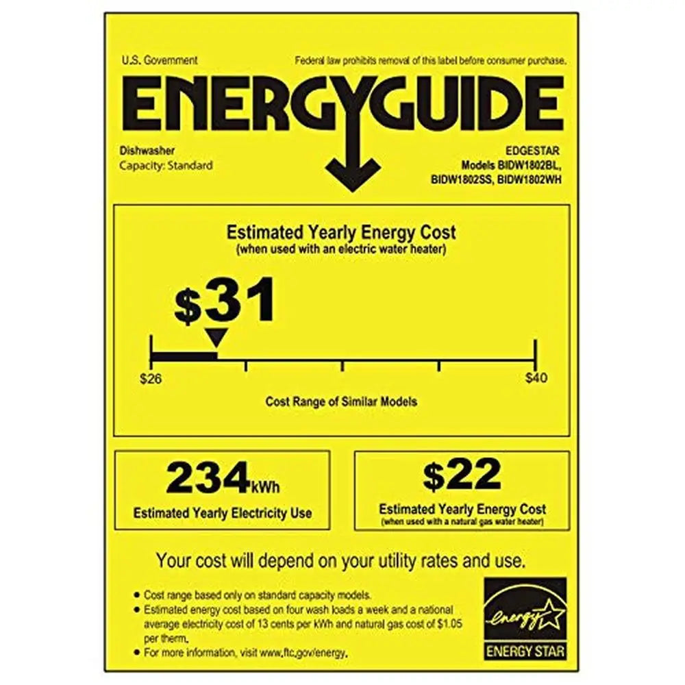 18" Compact Built-In Dishwasher 8 Place Setting Silverware Tray Leakage Sensor