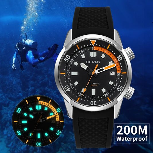 BERNY Men's Dive Watches 200M Waterproof Super Luminous Automatic Mechanical Diver Watch 42mm Sapphire Swim Diving Wristwatch