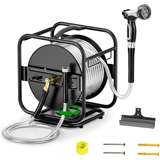 Heavy Duty Metal Garden Hose Reel With 100 Ft 304 Stainless Steel & Aluminum Nozzle, Wall Mount/Floor Water Pipe Spool