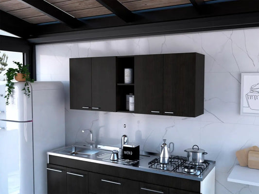 Portofino 150 Wall Cabinet,  Double Door, Two External Shelves, Two Interior Shelves Black Kitchen Cabinet