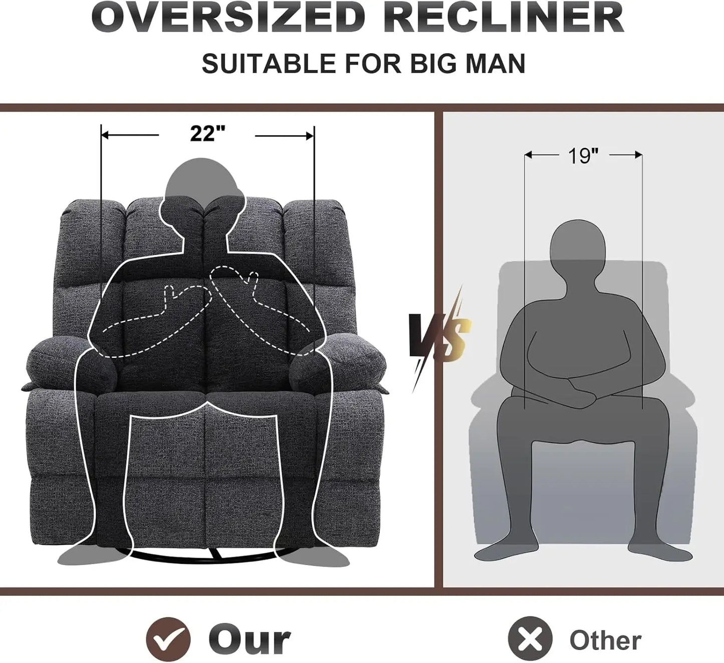Oversized Extra Large Recliner Rocker Chair; Extra Wide; Manual Swivel Recliner