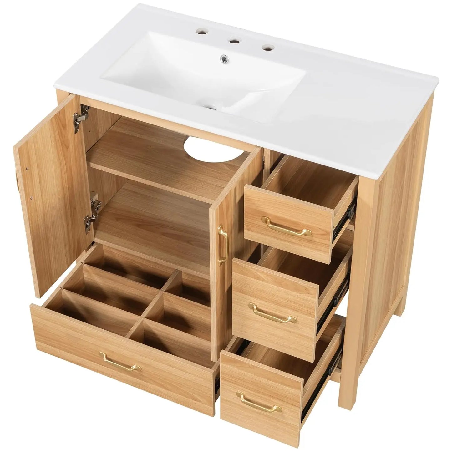 36 inch Bathroom Vanity with Sink, Wood  Storage Cabinet with 3 Drawer, 1 Bottom Divider Drawer