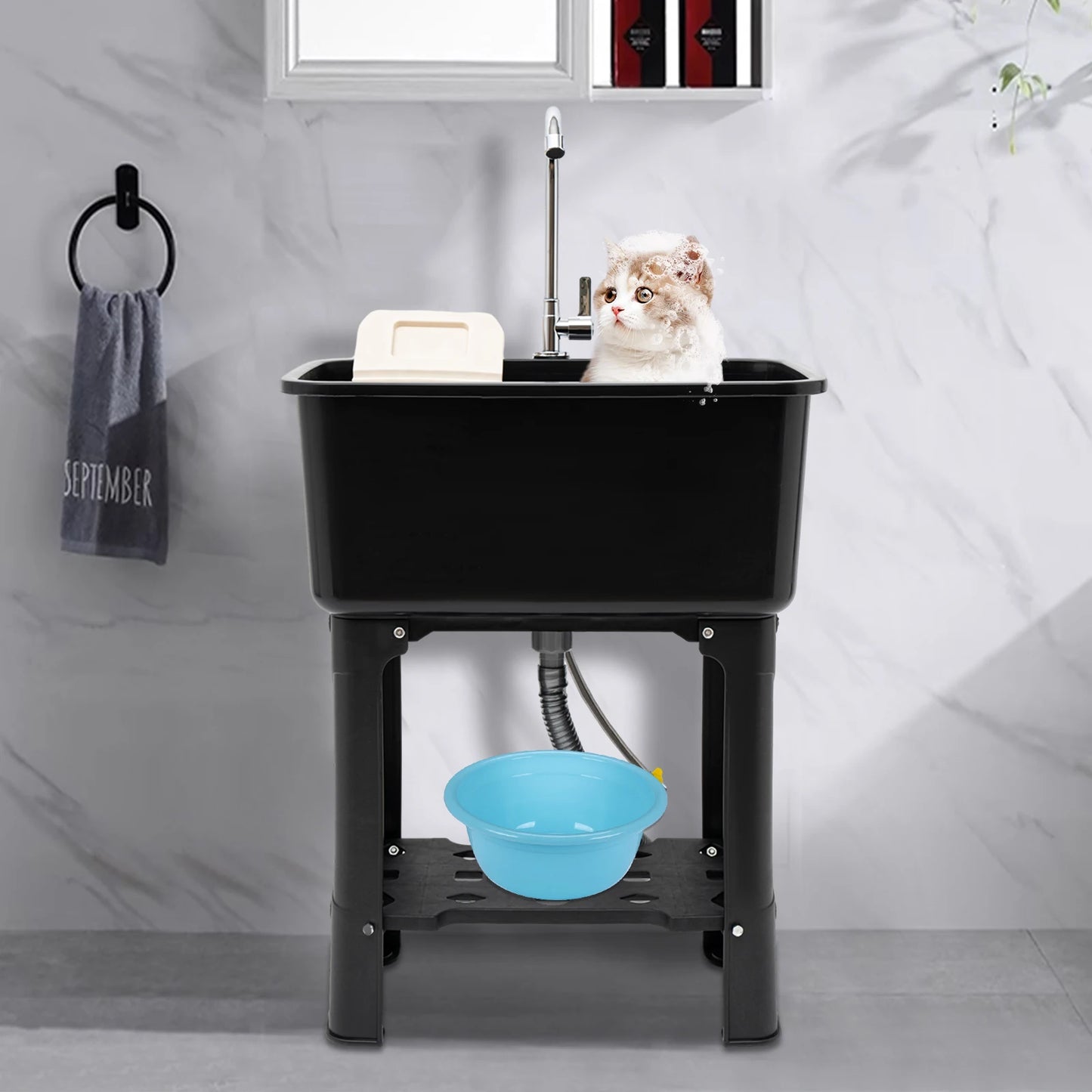 Large Utility Sink Laundry Tub (22.05x12.6x10.24"), Black Color, Quick Drainage, Full Set with Faucet, Hose, and Drain Pipe Incl