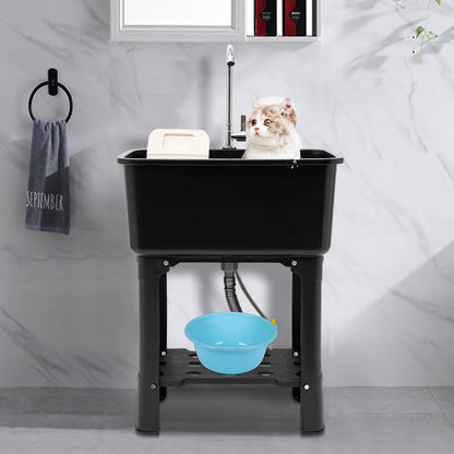 Large Utility Sink Laundry Tub (22.05x12.6x10.24"), Black Color, Quick Drainage, Full Set with Faucet, Hose, and Drain Pipe Incl