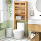 Freestanding tall bamboo bathroom shelf with two doors and open storage above toilet