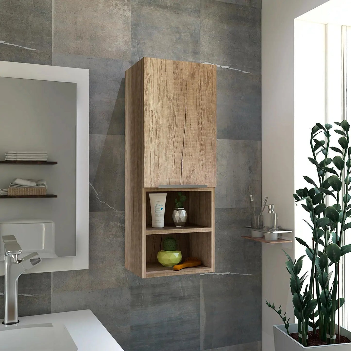 Mila Bathroom Cabinet, Two Interior  Shelves, Two External Shelves, Single Door Cabinet Pine