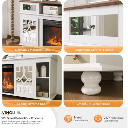 Fireplace TV Stand with Sliding Mirrored Door for TVs up to 70", Entertainment Center with Storage Cabinet and Shelves,