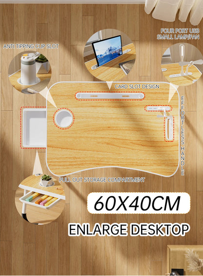 Portable Laptop Desk with USB Light, Small Fan, Cup Holder, Tablet Slot, and Lifting Handle