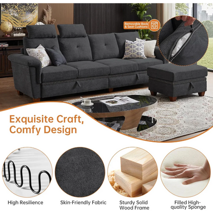 110" Sectional Sofa, Convertible L Shaped Sofa with Ottoman and Large Storage, 4 Seat Sectional with Cup Holder