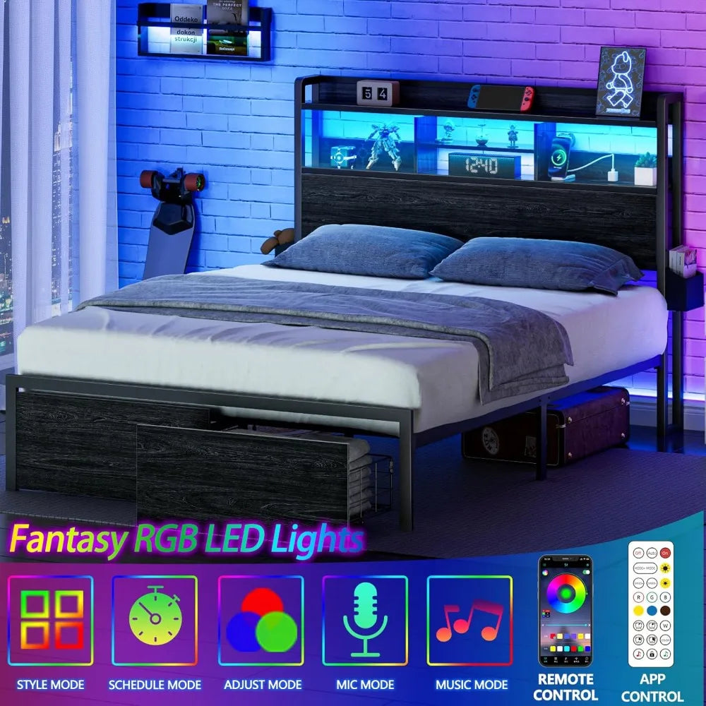 Bed Frame with Wood Headboard, Metal Platform Bed Frame Full Size with Storage Drawers and Shelf,LED Lights and Charging Station