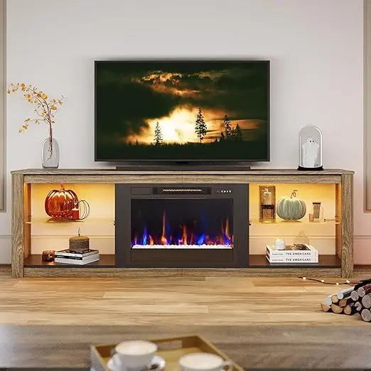 Fireplace TV Stand for 75 inch TV with 23 inch Electric Fireplace, 70 inch Entertainment Center for Living Room with LED Light