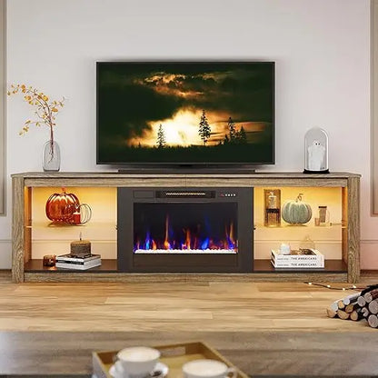Fireplace TV Stand for 75 inch TV with 23 inch Electric Fireplace, 70 inch Entertainment Center for Living Room with LED Light