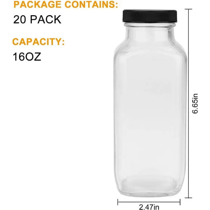 Vintage Water,Glass 16oz,Square With Lids For Homemade Drinks, 20Pack