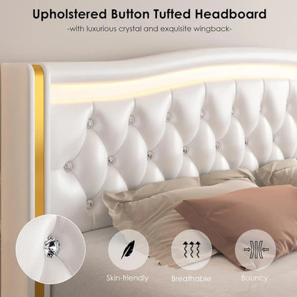 Full Size Smart LED Platform Bed Frame; 4 Storage Drawers; Gold Trim Wingback Headboard,