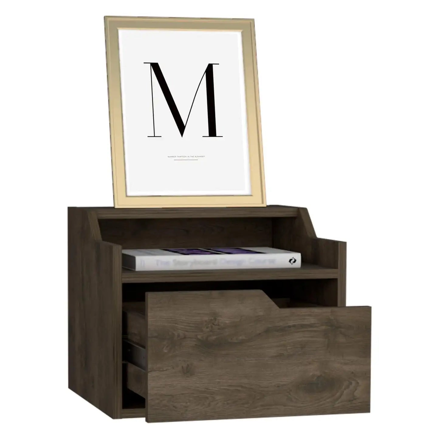 Busan Modern Floating Nightstand, Single-Drawer Design with Sleek Two-Tiered Top Shelf Surfaces Dark Brown
