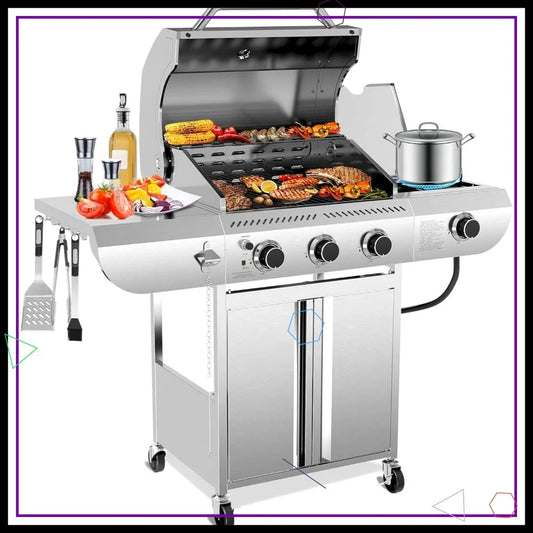3-Burner Propane Gas Grill with Side Burner, 34,000 BTU Stainless Steel Outdoor BBQ for Camping & Parties
