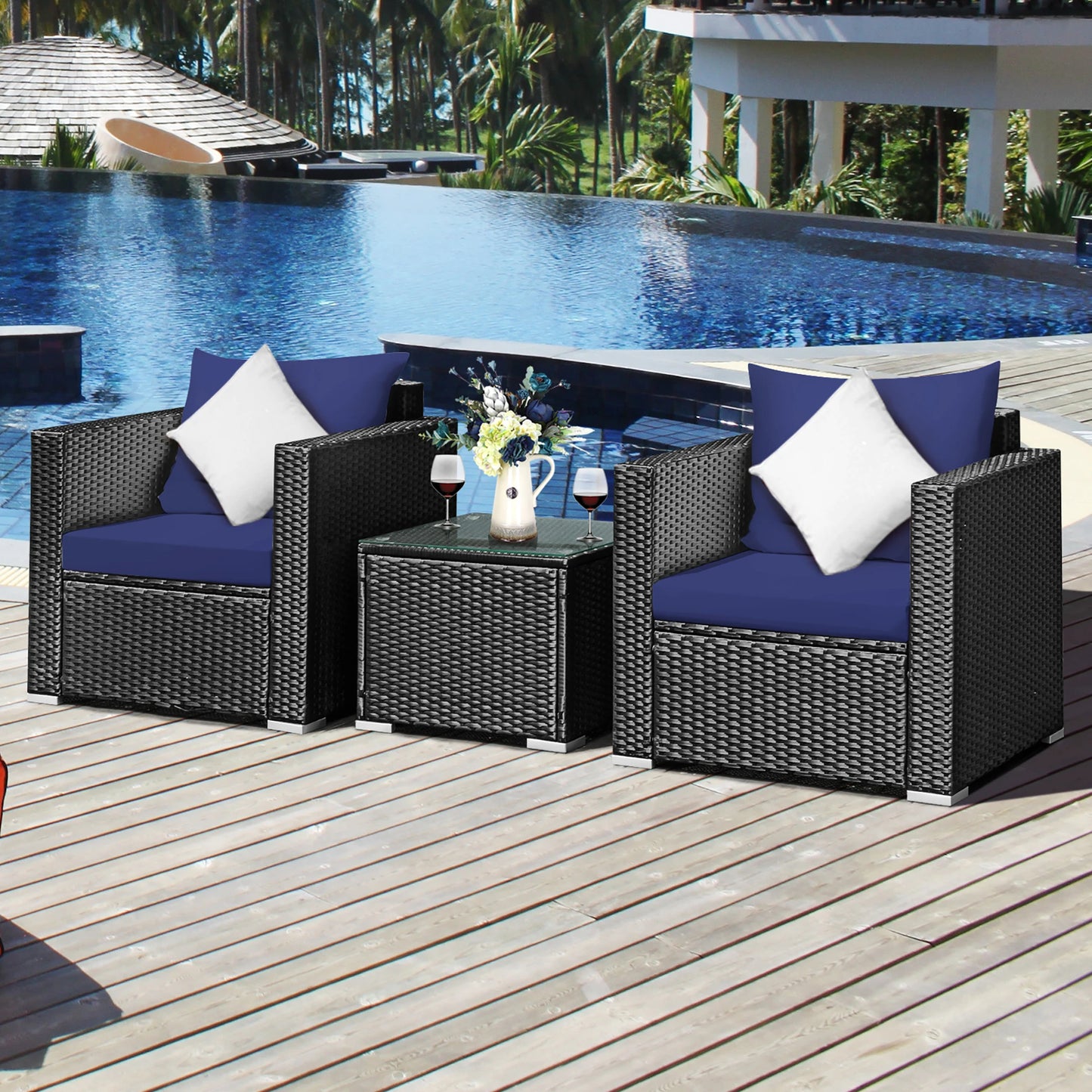 3PCS Patio Rattan Wicker Furniture Set Sofa Table W/Cushion Navy Blue