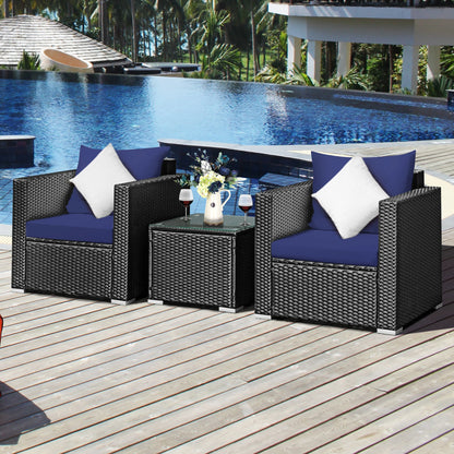 3PCS Patio Rattan Wicker Furniture Set Sofa Table W/Cushion Navy Blue
