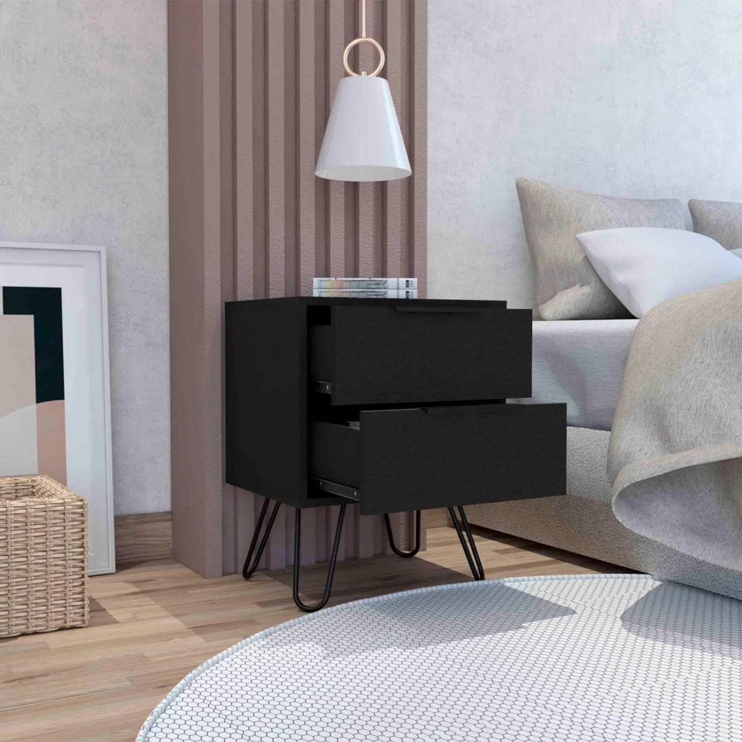 Augusta 2 Nightstand, Four Hairpin Legs, Two Drawers Black Vintage look