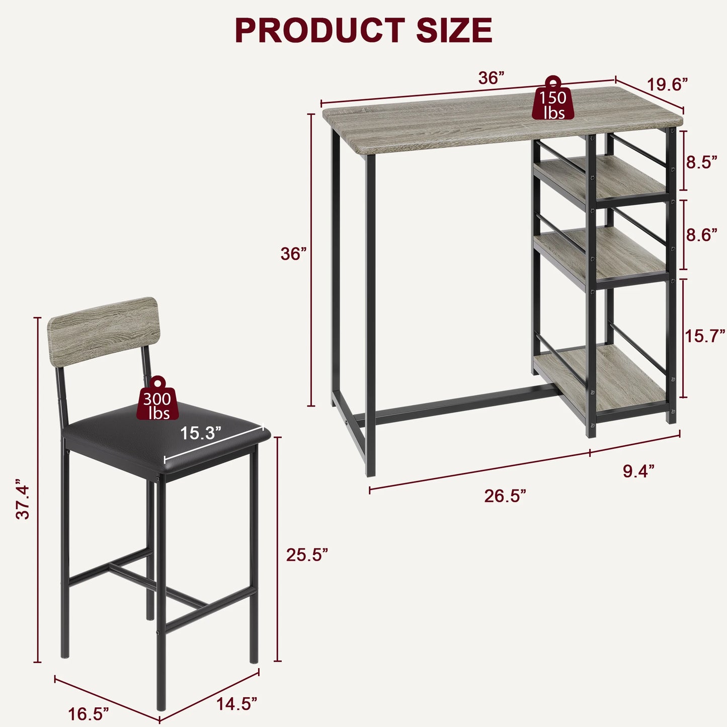 Dining Table Set for 2, Kitchen Table and Upholstered Chairs for 2.3-Piece Bar Table Set with 3 Large Shelves for Small Space