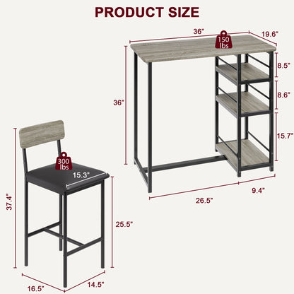 Dining Table Set for 2, Kitchen Table and Upholstered Chairs for 2.3-Piece Bar Table Set with 3 Large Shelves for Small Space
