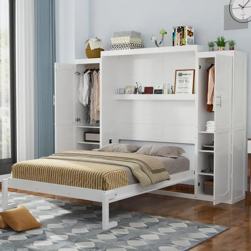 Queen Size Murphy Bed with 2 Wardrobes and Storage Shelf, Multifunctional Foldable Bed Frame for Guest Room and Bedroom, White