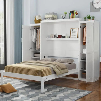 Queen Size Murphy Bed with 2 Wardrobes and Storage Shelf, Multifunctional Foldable Bed Frame for Guest Room and Bedroom, White