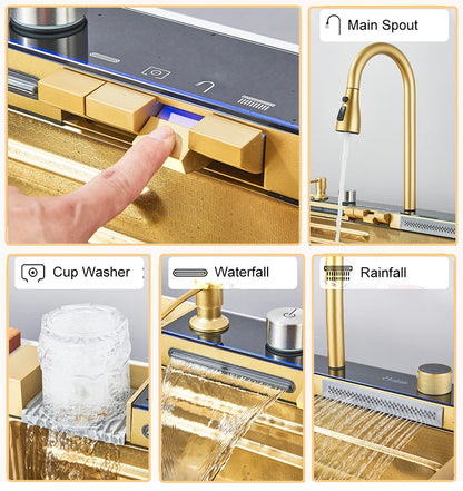 Multifunctional Kitchen Waterfall Sink Digital Display; 304 Stainless Steel